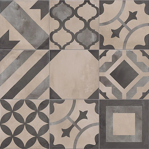 Dettaglio Piastrella da pavimento e rivestimento in gres porcellanato serie Terra di Marca Corona, effetto cementine, formato 20x20 cm, Colore Mix Decori Freddi