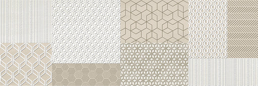 Dettaglio piastrella a composizione in bicottura effetto effetto carta da parati con decoro geometrico della collezione Trex di Paul & Co Ceramiche, formato 25x75, colore Era Ivory A