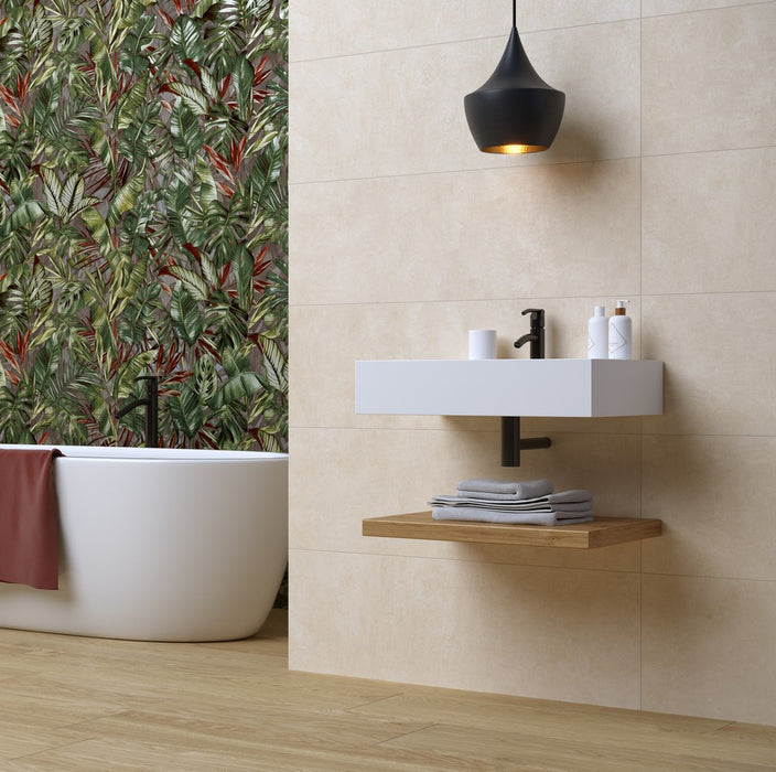 ambientazione bagno con rivestimento Vibes beige di Herberia ceramica in formato 33x100