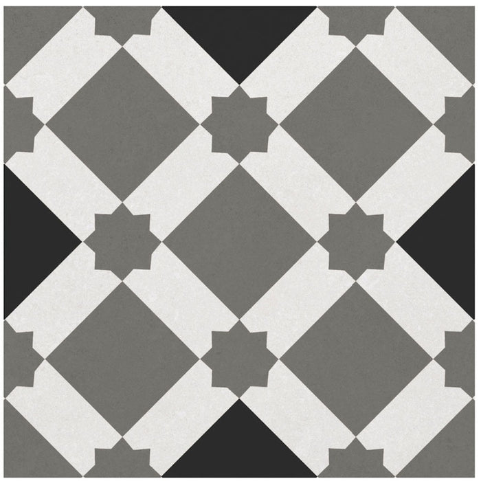 Dettaglio piastrella per pavimento e rivestimento in gres porcellanato effetto cementina moderna. Collezione Cementine di Ceramica Valsecchia, formato 20x20, Paint B&W