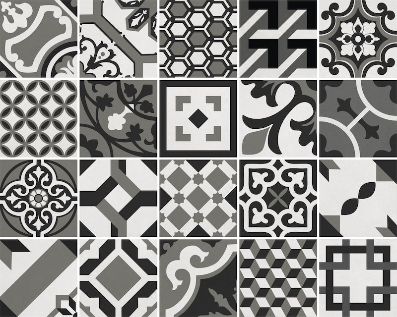 Dettaglio piastrelle per pavimento e rivestimento in gres porcellanato effetto cementina moderna. Collezione Cementine di Ceramica Valsecchia, formato 20x20, Paint B&W