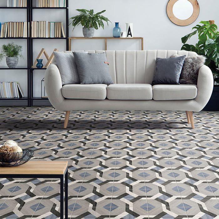 Dettaglio pavimento in gres porcellanato effetto cementina decorata geometrica. Collezione Cementine Home di Ceramica Valsecchia, formato 20x20, C2