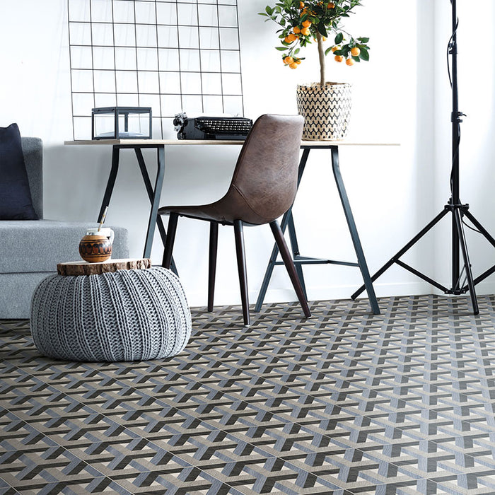 Dettaglio pavimento in gres porcellanato effetto cementina decorata geometrica. Collezione Cementine Home di Ceramica Valsecchia, formato 20x20, C3