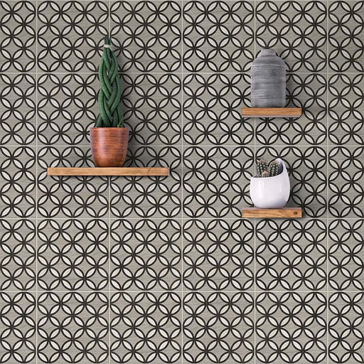 Dettaglio rivestimento in gres porcellanato effetto cementina decorata geometrica. Collezione Cementine Home di Ceramica Valsecchia, formato 20x20, C4
