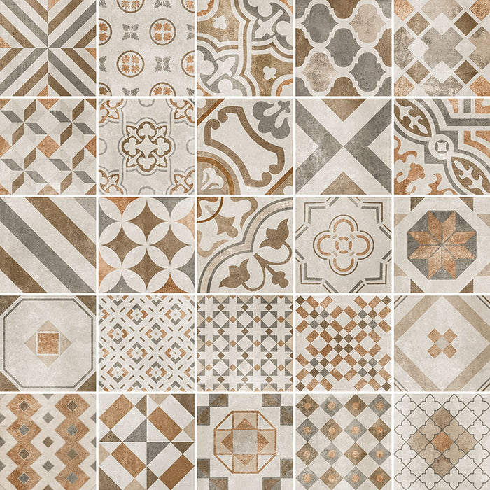 Dettaglio piastrelle per pavimento e rivestimento in gres porcellanato effetto cementina dai colori vintage opaca. Collezione Cementine di Ceramica Valsecchia, formato 20x20, Mix Color