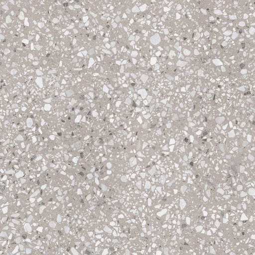 Dettaglio piastrella in gres porcellanato effetto graniglia e marmetta. Collezione Venexia di Alfalux, formato 120x120 cm, colore Cannaregio tortora con marmette bianche e grigie scuro