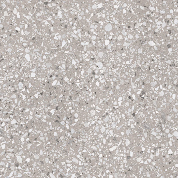 Dettaglio piastrella in gres porcellanato effetto graniglia e marmetta. Collezione Venexia di Alfalux, formato 120x120 cm, colore Cannaregio tortora con marmette bianche e grigie scuro