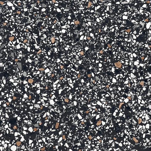 Dettaglio piastrella in gres porcellanato effetto graniglia e marmetta. Collezione Venexia di Alfalux, formato 120x120 cm, colore Contarini nero con marmette grigie, bianche e marroni