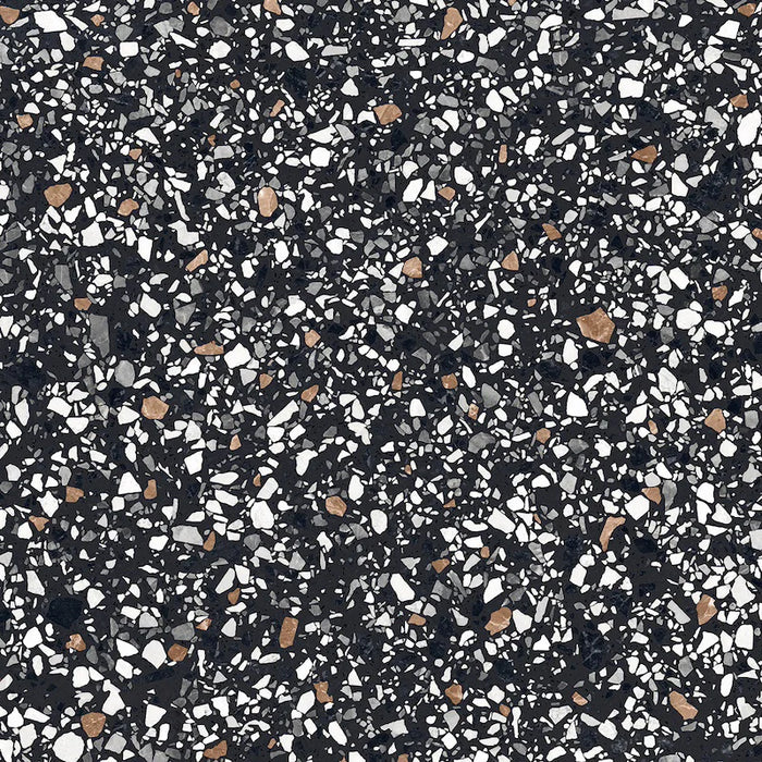 Dettaglio piastrella in gres porcellanato effetto graniglia e marmetta. Collezione Venexia di Alfalux, formato 120x120 cm, colore Contarini nero con marmette grigie, bianche e marroni