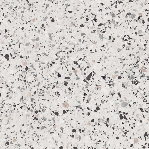 Dettaglio piastrella in gres porcellanato effetto graniglia e marmetta. Collezione Venexia di Alfalux, formato 120x120 cm, colore Giudecca Avorio con marmette grigie, bianche, nere e marroni