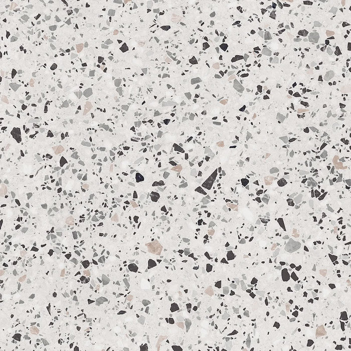 Dettaglio piastrella in gres porcellanato effetto graniglia e marmetta. Collezione Venexia di Alfalux, formato 120x120 cm, colore Giudecca Avorio con marmette grigie, bianche, nere e marroni