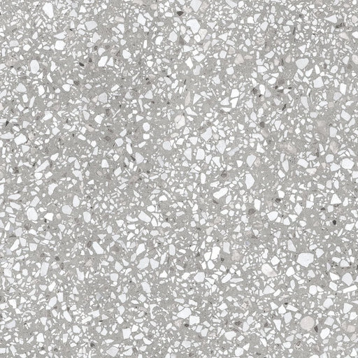 Dettaglio piastrella in gres porcellanato effetto graniglia e marmetta. Collezione Venexia di Alfalux, formato 120x120 cm, colore Murano Grigio con marmette bianche, avorio e grigie scuro