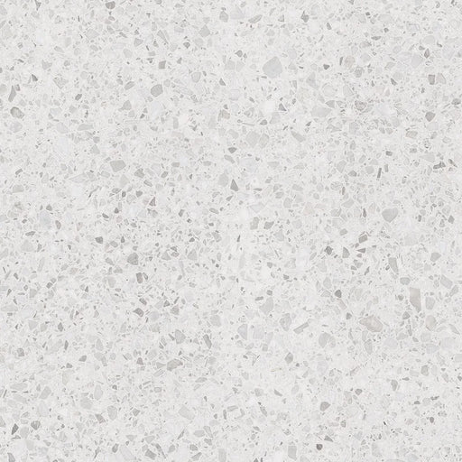 Dettaglio piastrella in gres porcellanato effetto graniglia e marmetta. Collezione Venexia di Alfalux, formato 120x120 cm, colore Rialto bianco con marmette grigie e avorio