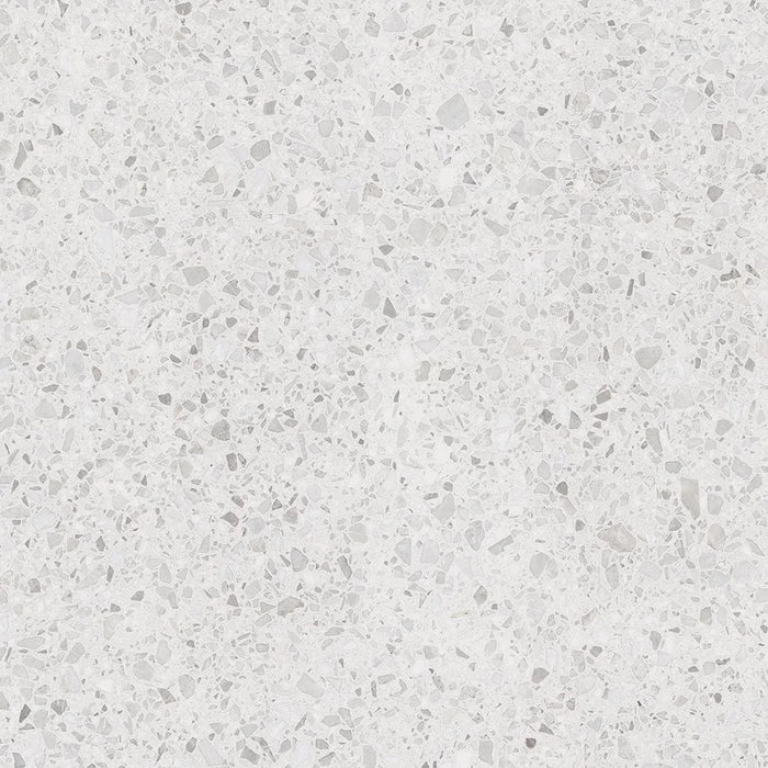 Dettaglio piastrella in gres porcellanato effetto graniglia e marmetta. Collezione Venexia di Alfalux, formato 120x120 cm, colore Rialto bianco con marmette grigie e avorio