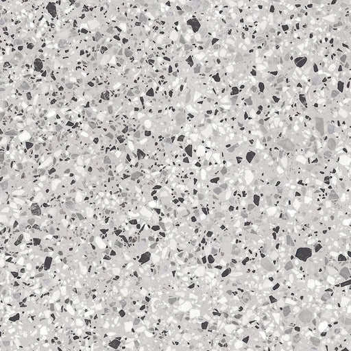 Dettaglio piastrella in gres porcellanato effetto graniglia e marmetta. Collezione Venexia di Alfalux, formato 120x120 cm, colore Tronchetto Grigio con marmette grigie, bianche e nere