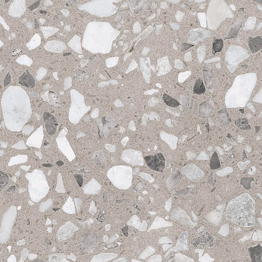 Dettaglio piastrella in gres porcellanato effetto graniglia e marmetta. Collezione Venexia di Alfalux, formato 20x20 cm, colore Cannaregio Tortora con marmette grigie e bianche