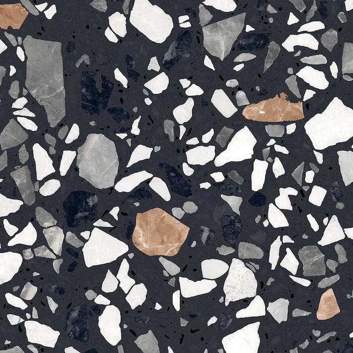 Dettaglio piastrella in gres porcellanato effetto graniglia e marmetta. Collezione Venexia di Alfalux, formato 20x20 cm, colore Contarini Nero con marmette grigie, nere, marroni e bianche