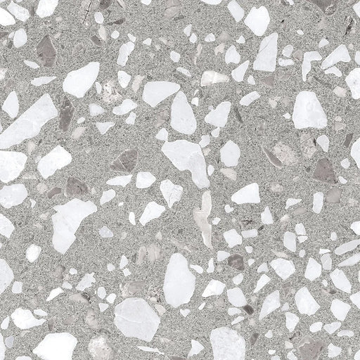 Dettaglio piastrella in gres porcellanato effetto graniglia e marmetta. Collezione Venexia di Alfalux, formato 20x20 cm, colore Murano Grigio con marmette grigie e bianche