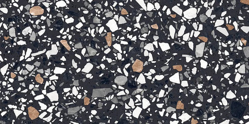 Dettaglio piastrella in gres porcellanato effetto graniglia e marmetta. Collezione Venexia di Alfalux, formato 30x60 cm, colore Contarini Nero con marmette bianche, nere e marroni