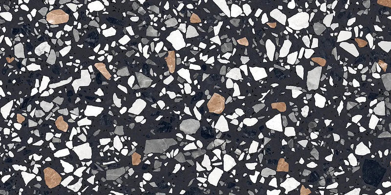 Dettaglio piastrella in gres porcellanato effetto graniglia e marmetta. Collezione Venexia di Alfalux, formato 30x60 cm, colore Contarini Nero con marmette bianche, nere e marroni