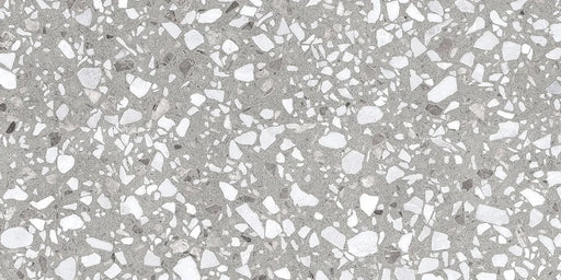 Dettaglio piastrella in gres porcellanato effetto graniglia e marmetta. Collezione Venexia di Alfalux, formato 30x60 cm, colore Murano Grigio con marmette grigie e bianche