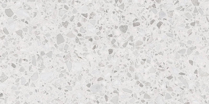 Dettaglio piastrella in gres porcellanato effetto graniglia e marmetta. Collezione Venexia di Alfalux, formato 30x60 cm, colore Rialto bianco con marmette grigie e avorio