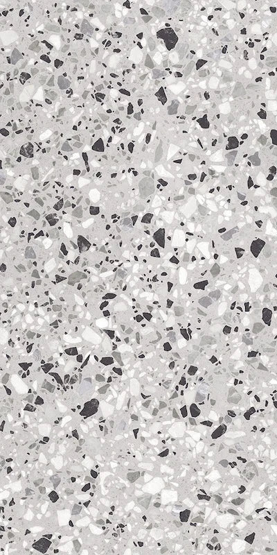 Dettaglio piastrella in gres porcellanato effetto graniglia e marmetta per esterni. Collezione Venexia di Alfalux, formato 60x120 cm, colore Tronchetto Grigio con marmette grigie, bianche e nere