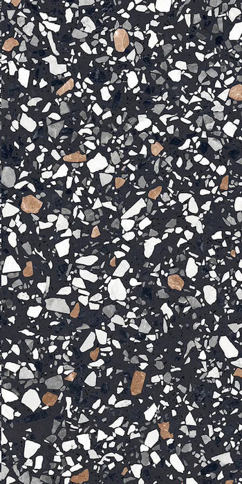 Dettaglio piastrella in gres porcellanato effetto graniglia e marmetta. Collezione Venexia di Alfalux, formato 60x120 cm, colore Contarini nero con marmette grigie, bianche e marroni