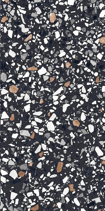 Dettaglio piastrella in gres porcellanato effetto graniglia e marmetta. Collezione Venexia di Alfalux, formato 60x120 cm, colore Contarini nero con marmette grigie, bianche e marroni