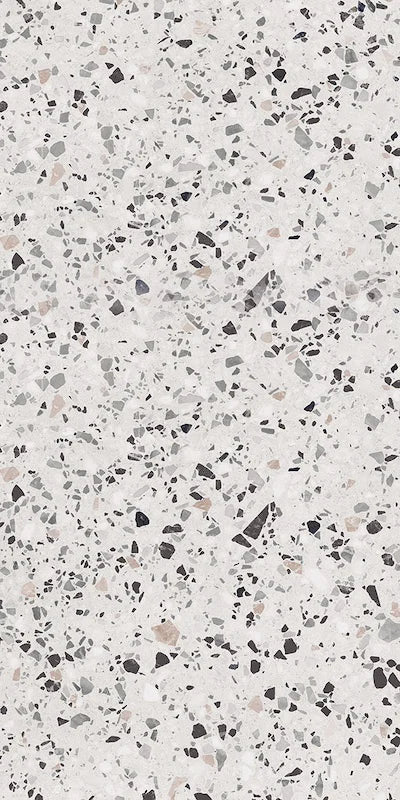 Dettaglio piastrella in gres porcellanato effetto graniglia e marmetta. Collezione Venexia di Alfalux, formato 60x120 cm, colore Giudecca Avorio con marmette grigie, nere, marroni e avorio