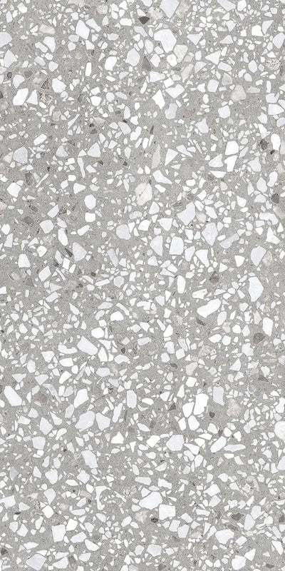 Dettaglio piastrella in gres porcellanato effetto graniglia e marmetta. Collezione Venexia di Alfalux, formato 60x120 cm, colore Murano Grigio con marmette grigie e avorio