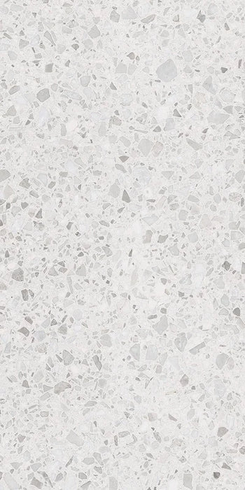 Dettaglio piastrella in gres porcellanato effetto graniglia e marmetta. Collezione Venexia di Alfalux, formato 60x120 cm, colore Rialto bianco con marmette grigie e avorio