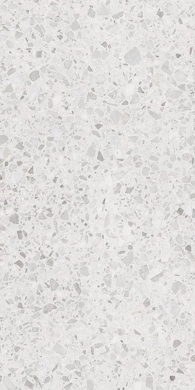 Dettaglio piastrella in gres porcellanato effetto graniglia e marmetta. Collezione Venexia di Alfalux, formato 60x120 cm, colore Rialto bianco con marmette grigie e avorio