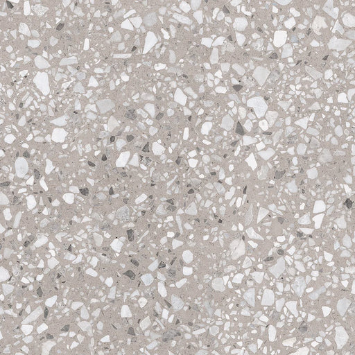 Dettaglio piastrella in gres porcellanato effetto graniglia e marmetta. Collezione Venexia di Alfalux, formato 60x60 cm, colore Cannaregio Tortora con marmette grigie e avorio