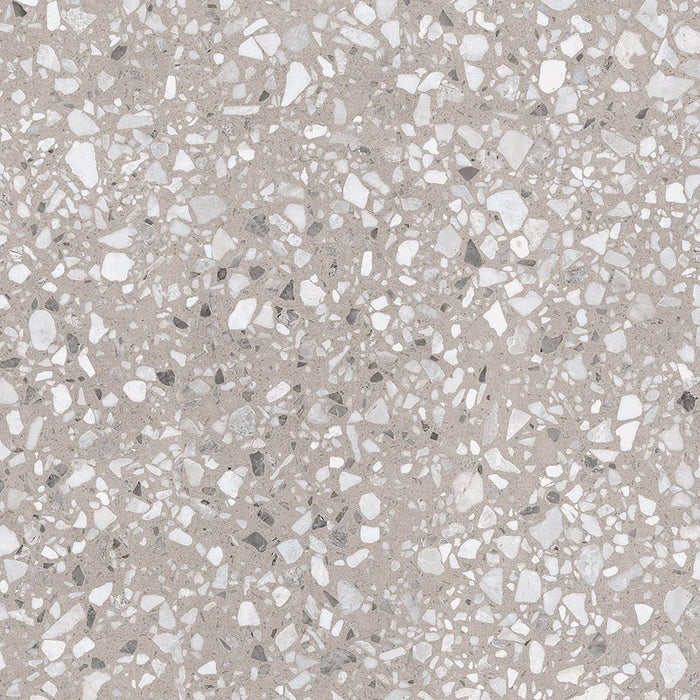 Dettaglio piastrella in gres porcellanato effetto graniglia e marmetta. Collezione Venexia di Alfalux, formato 60x60 cm, colore Cannaregio Tortora con marmette grigie e avorio