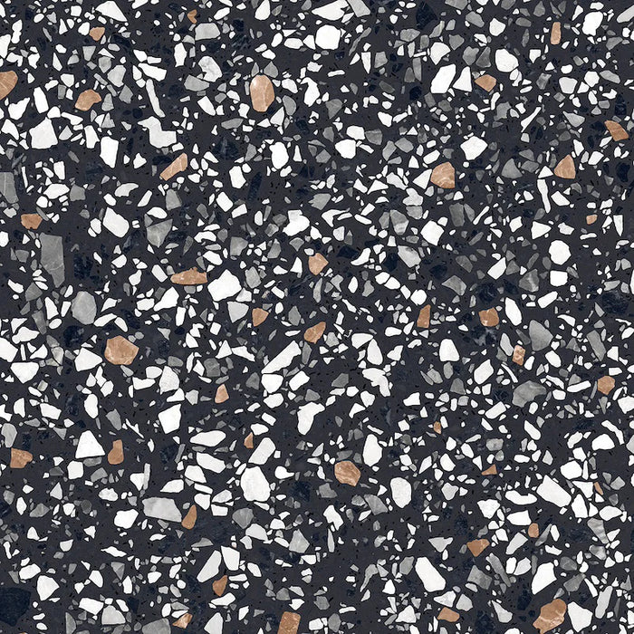 Dettaglio piastrella in gres porcellanato effetto graniglia e marmetta. Collezione Venexia di Alfalux, formato 60x60 cm, colore Contarini Nero con marmette nere, grigie, bianche e marroni