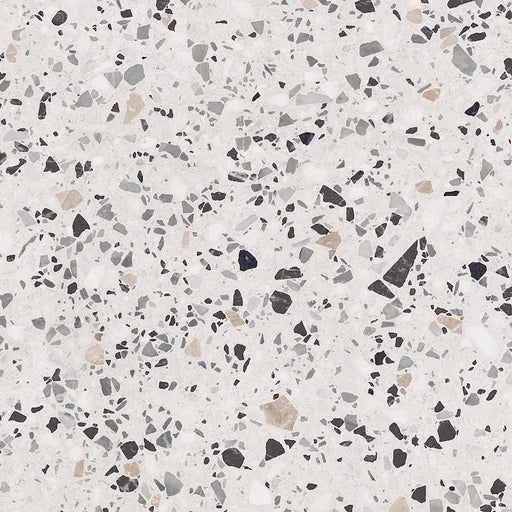 Dettaglio piastrella in gres porcellanato effetto graniglia e marmetta. Collezione Venexia di Alfalux, formato 60x60 cm, colore Giudecca Avorio con marmette grigie, bianche, marroni e nere