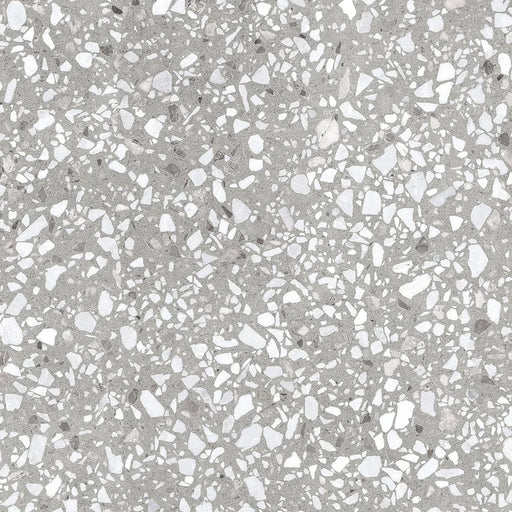 Dettaglio piastrella in gres porcellanato effetto graniglia e marmetta. Collezione Venexia di Alfalux, formato 60x60 cm, colore Murano grigio con marmette grigie e avorio