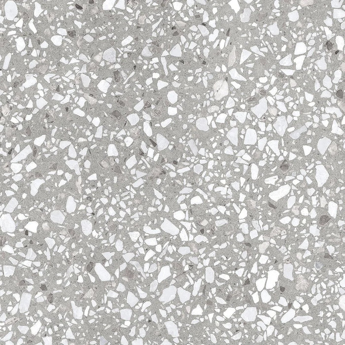 Dettaglio piastrella in gres porcellanato effetto graniglia e marmetta. Collezione Venexia di Alfalux, formato 60x60 cm, colore Murano grigio con marmette grigie e avorio
