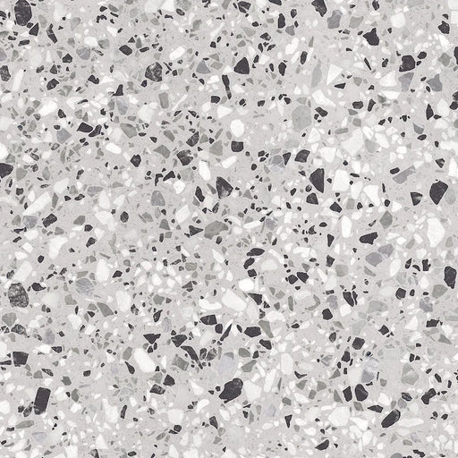 Dettaglio piastrella in gres porcellanato effetto graniglia e marmetta. Collezione Venexia di Alfalux, formato 60x60 cm, colore Tronchetto grigio con marmette grigie, bianche e nere