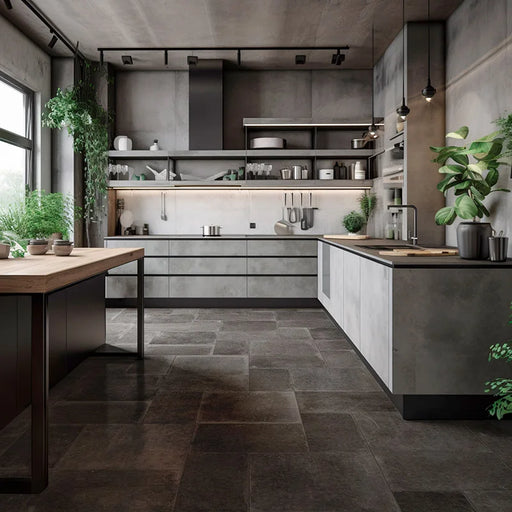 Cucina moderna con pavimento Vulcania di Savoia Italia in gres porcellanato effetto pietra 60x60 cm con bordo irregolare anticato per pavimenti rustici