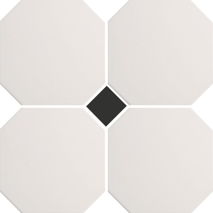 Piastrella pavimento in gres ottagonale con tozzetto nero della collezione Imperiale di Self Style by Keradom, formato 15x15 colore bianco