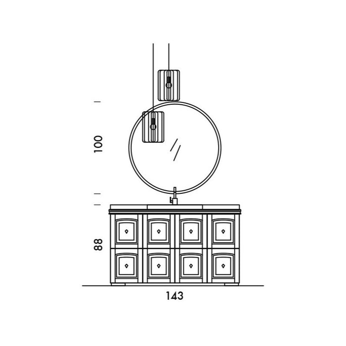 disegno tecnico con misure della composizione mobile bagno classico a terra Dorian 12 acanthis di compab in finitura tortora