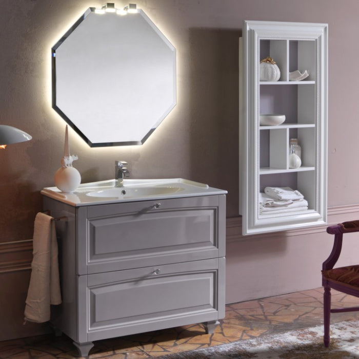 composizione mobile bagno Dorian acanthis di compab lunghezza 97 cm a terra in stile classico, con 2 cassetti con ante a telaio, lavabo consolle in ceramica bianca con alzatina lavorata e specchio ottagonale retroilluminato.