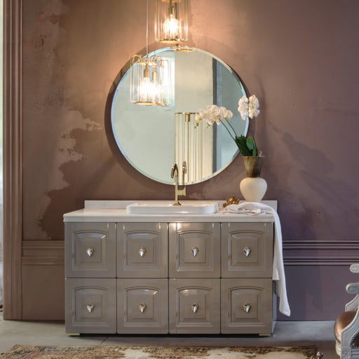 composizione mobile bagno Dorian 12 con top in marmo con alzatina, lavabo a incasso soprapiano in ceramica bianca. Base con 8 vani con pomoli modello swarowsky