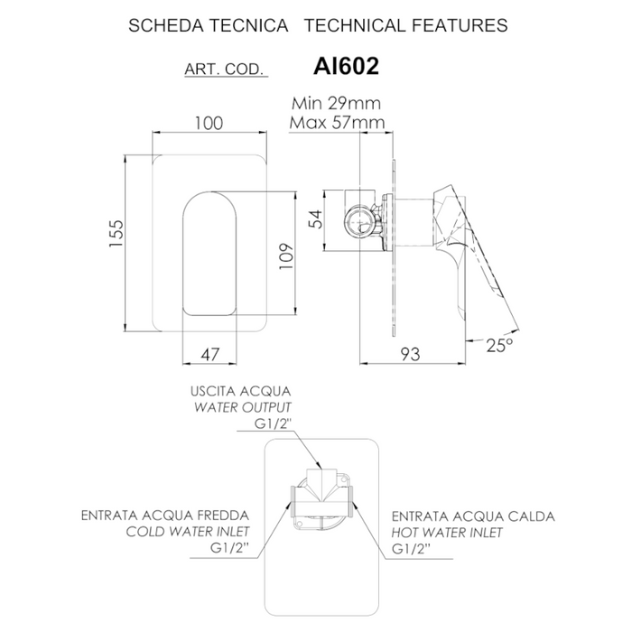 scheda tecnica miscelatore per doccia a incasso senza deviatore su piastra lusso ultrapiatta della serie Ambitionn di Daniel rubinetterie