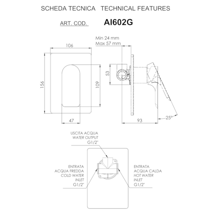scheda tecnica miscelatore per doccia a incasso della serie Ambition di daniel rubinetterie