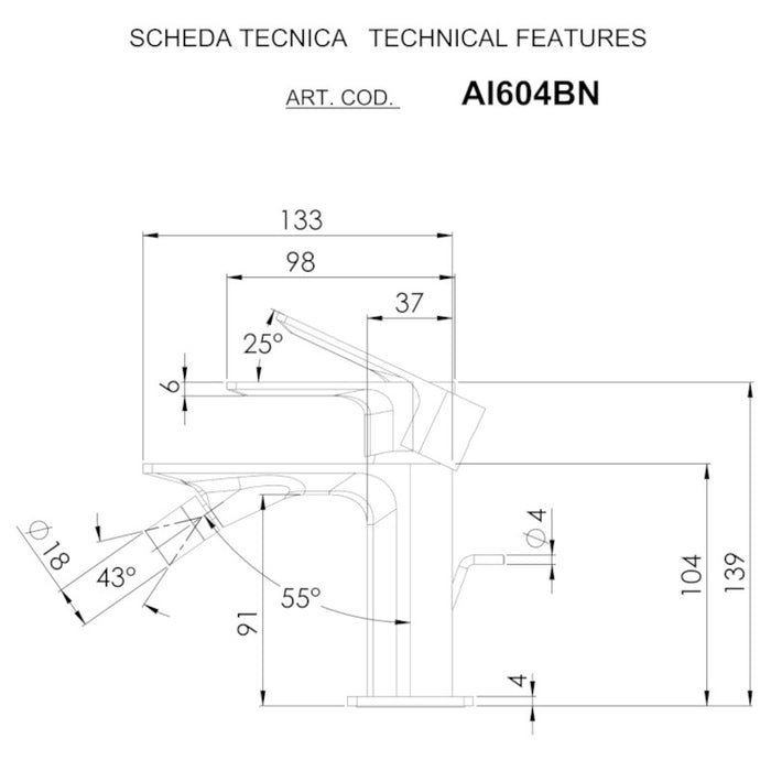 scheda tecnica miscelatore per bidet senza scarico della collezione ambition di daniel rubinetterie