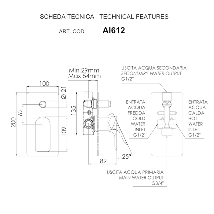 Scheda tecnica miscelatore doccia con deviatore su piastra lusso ultrapiatta della serie Ambition di Daniel Rubinetterie