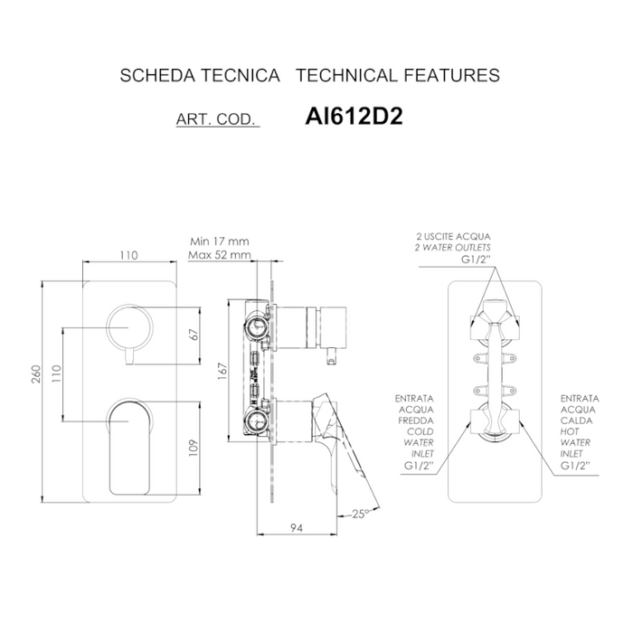 scheda tecnica del miscelatore doccia a incasso con deviatore meccanico su piastra lusso ultrapiatta della serie Ambition di Daniel rubinetterie